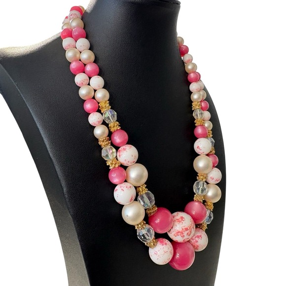 Vintage‎ Pink Double Strand Necklace Cat's Eye Faux Pearl Chunky Beads Marbled - Picture 5 of 16